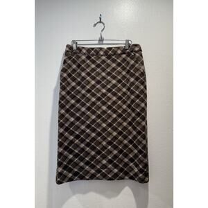Tory Burch Size Medium 100% Brown Wool Blend Pencil Skirt Plaid Print Lined READ